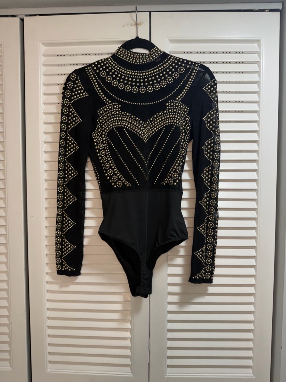 Banjul Black Long-Sleeve Studded Bodysuit with Gold Studs